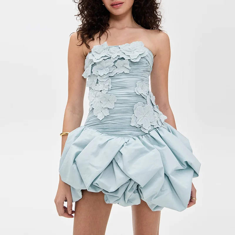 

2025 Summer Sexy Strapless Pleated Flower Mini Dress Fashion Solid Color High Waist Party Dresses Casual Holiday Outfits