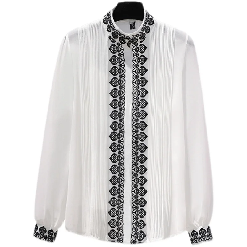 Vintage Single-breasted Chiffon blouse Autumn Spring New Elegant Embroidered Tops Stand Collar Lantern Sleeve Women Shirt