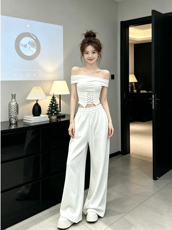 

Korean Style Pure Desire Women's Set 2026 New One Shoulder Belly Tie T-Shirt White Drape Wide Leg Pants Fashionable Ensemble