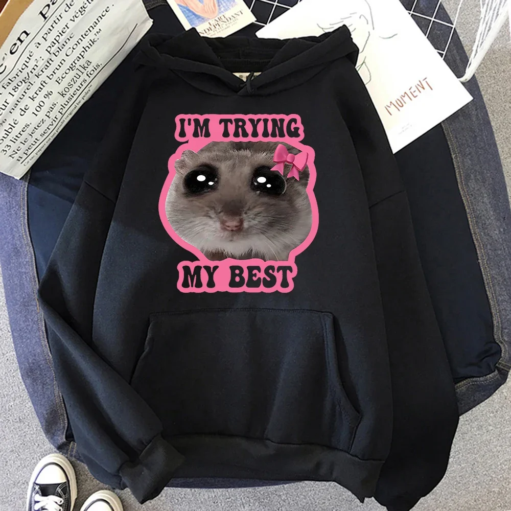 Sad Hamster Funny Cute Pattern Print Hoodies Autumn Winter Casual Fashion Korean Style Pullover Long Sleeve Fleece Sweatshirts