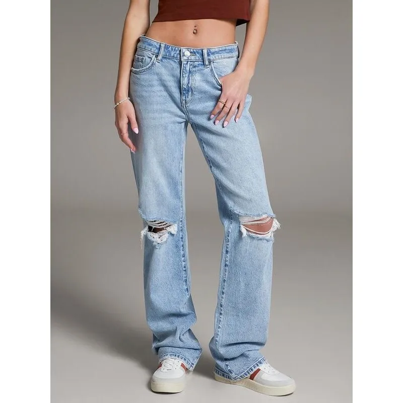 

Women's Distressed Denim Pants Torn Jeans High Waist Straight Leg Spring Summer Fashion Ladies' Premium Quality Clothing