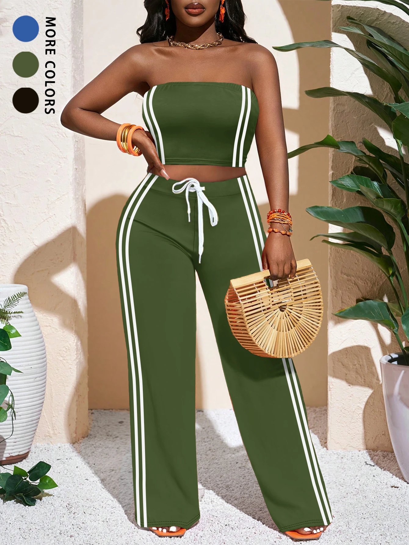 

Women's Summer Outfit T-Shirt Long Pants Set Wide Leg Yoga Top Side Stripe Elastic Waist Belt Vacation Suitable Casual Ensemble