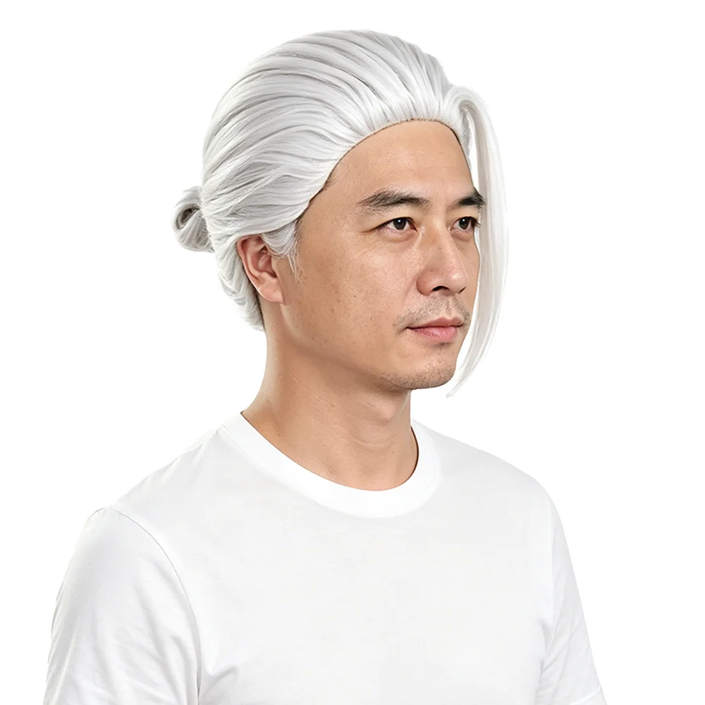 Taro Sakamoto Silver White Bun Wig Slicked Back Heat Resistant Synthetic Hair Easy to Style Unisex For Cosplay Party Daily Wear