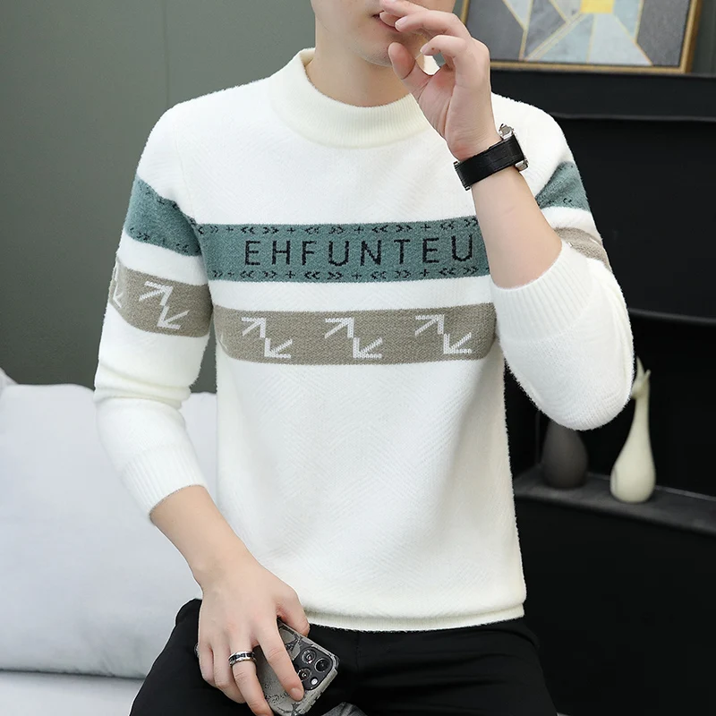 

Мужской вязаный свитер-поло приталенного кроя в повседневном стиле с цветными блоками, высококачественный шерстяной свитер, внутренняя одежда, полиэстер, длинный рукав