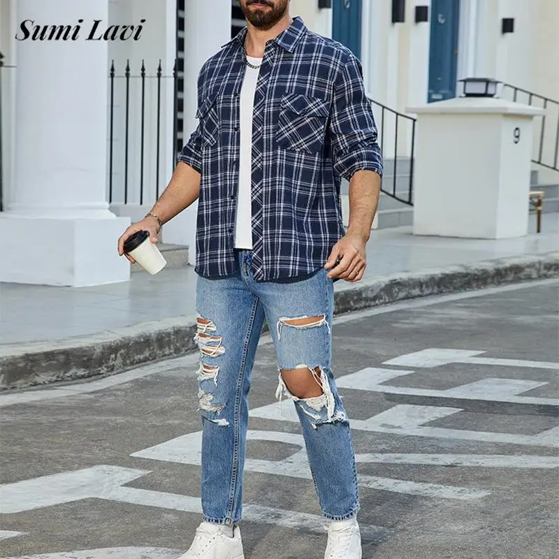 

Vintage Turn-down Collar Plaid Shirt Jacket Men Autumn Outdoor Casual Long Sleeve Cardigan Tops For Mens Daily Leisure Jackets