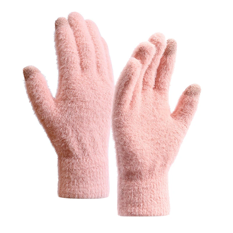 Winter Warm Plush Gloves Women Men Solid Color Imitation Mink Fur Fluffy Five Finger Touchscreen Gloves Outdoor Cycling Glove image 4