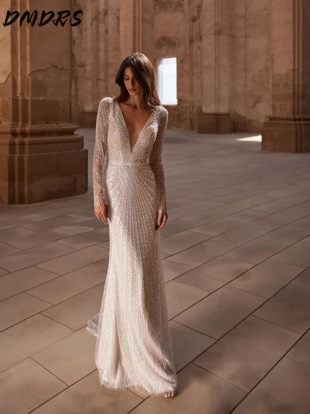 Classic Long Sleeve Wedding Dress 2026 Charming Deep V Neck Bridal Gown Formal Sequined A-line Floor-length Gown Customized