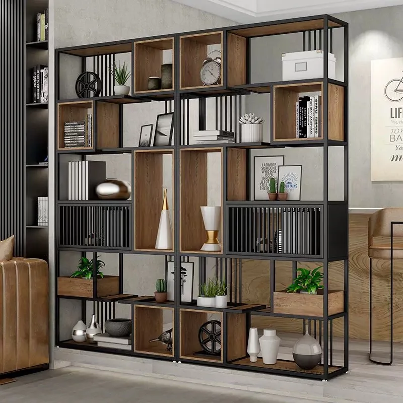 Wrought iron office partition shelf industrial style solid wood bookshelf simple multi-layer floor bookcase decorative display