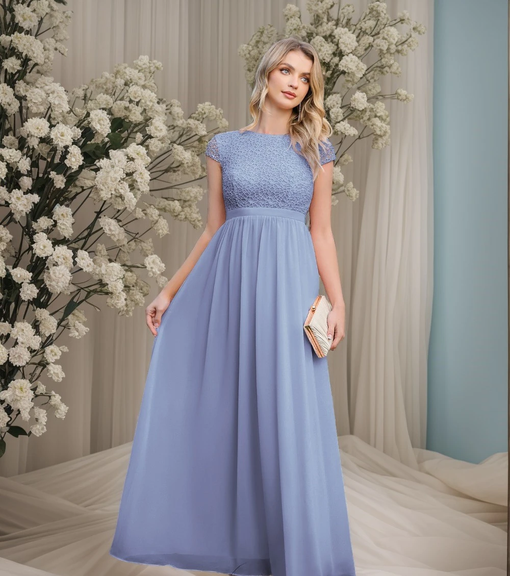 

BABYONLINE Short Sleeve Evening Dresses Cutout Lace O-Neck Empire Prom Dress Chiffon A-Line Summer Basic Formal Party Vestidos