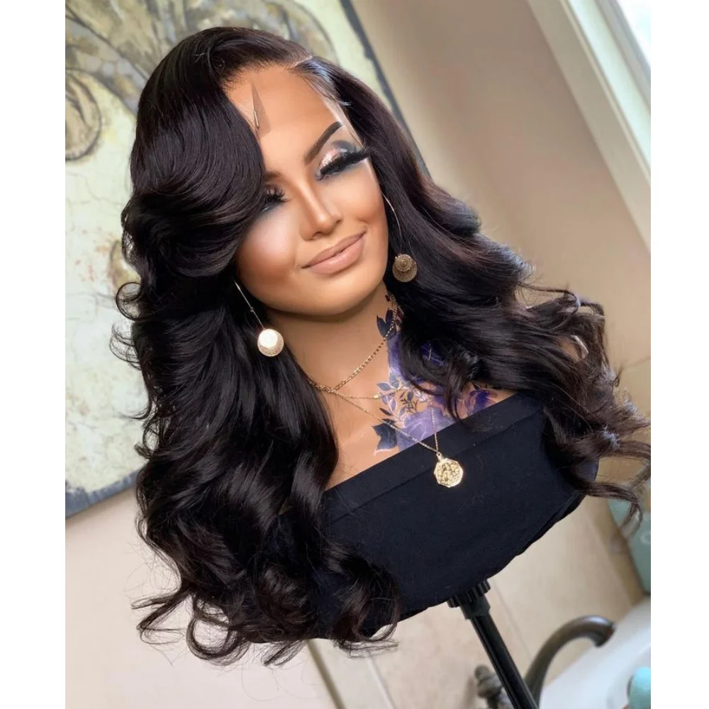 

26Inch Natural Black Body Wave Soft Long 180Density Glueless Synthetic 13*4Lace Front Wig For Women Babyhair PrePlucked