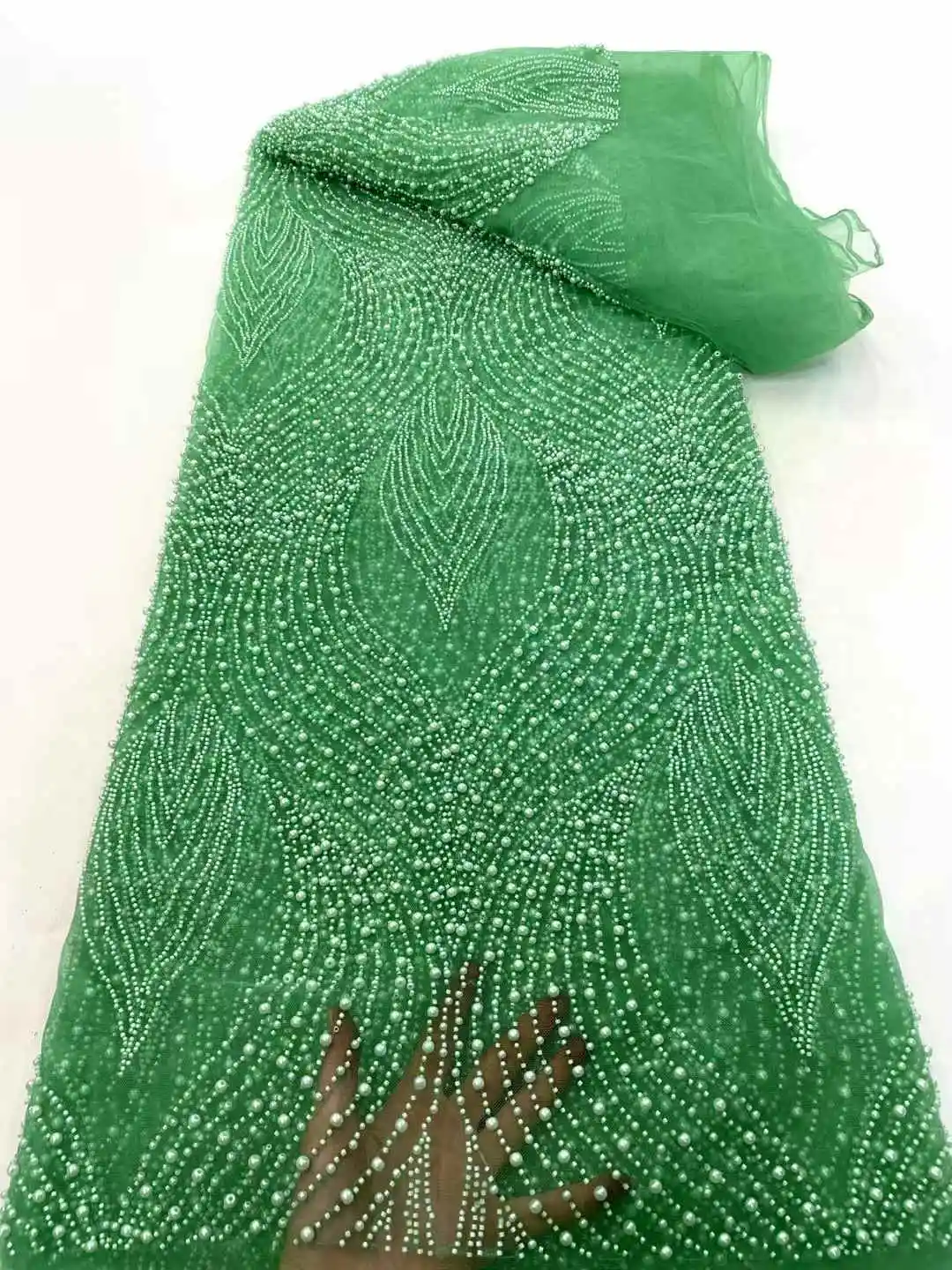 卸売アフリカビーズパールレース生地フレンチブライダルレース生地 2025 高級ナイジェリアチュールレース生地クチュール素材