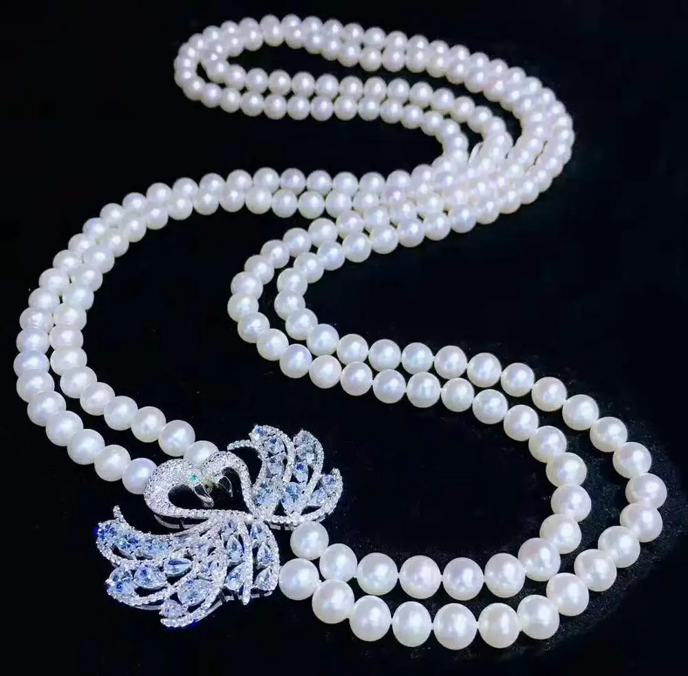 

Women's fashion jewelry micro inlaid zircon accessories 75-80cm 7-8mm white freshwater pearl necklace sweater chain