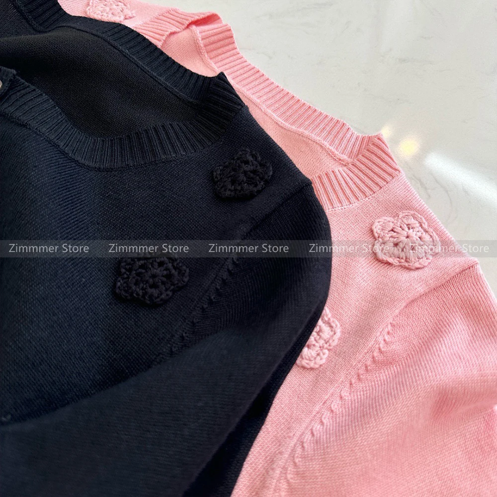 2024 Autumn and Winter New Wool Cardigan Round Neck Long Sleeve Slim Fit Knitted Sweater Hand Crochet Applique Top Sweater