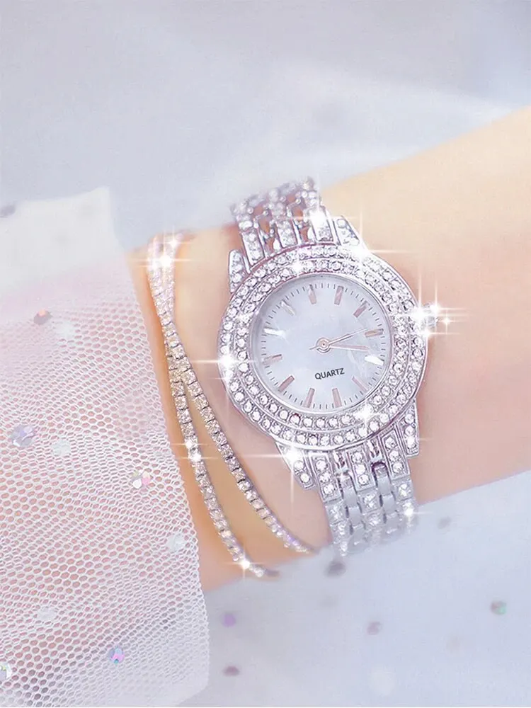 3PCs Women\'s Sparkling Round Diamond Band Quartz Watch+Bracelet Combination Set