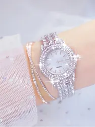 3PCs Women's Sparkling Round Diamond Band Quartz Watch+Bracelet Combination Set