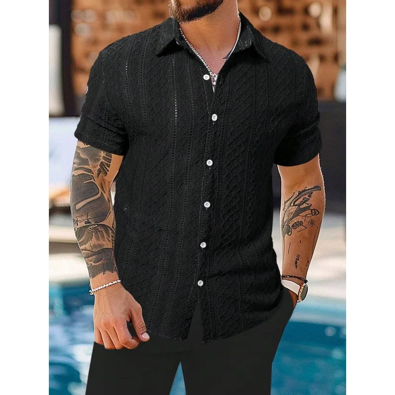 European And American Summer Men's Geometric Jacquard Hollow-Out Single-Breasted Casual Short-Sleeve