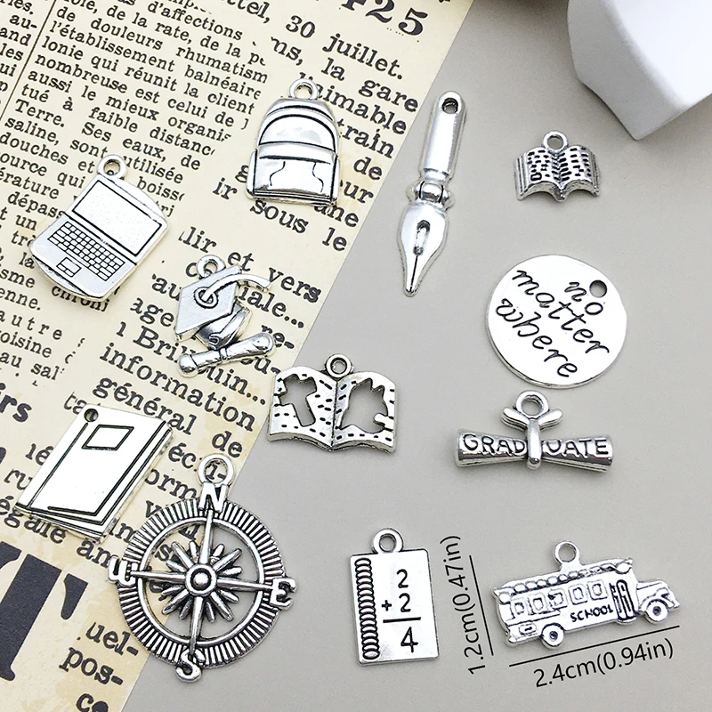 20pcs Graduation Season Style Book Pen Ruler School Bag Stationery Pendant, DIY Charm Teacher Student Jewelry Crafts Making