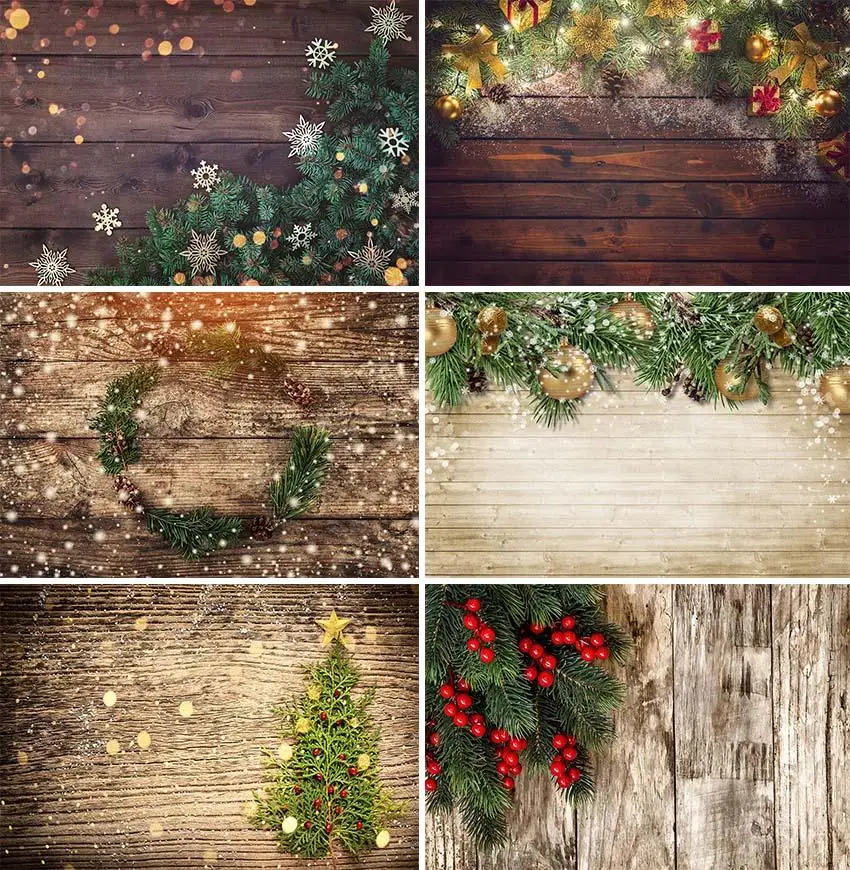 Winter Floor Photo Background Custom Printed Vintage Wood Merry Christmas Pine Needle Newborn Baby Family Party Backdrop Photo