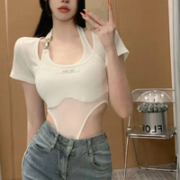 Korean Summer Mesh T-shirt Spicy Girl Pure Desire  Fake Two Piece Bodysuit Women Short Sleeve Hanging Neck Sexy Perspective Tops