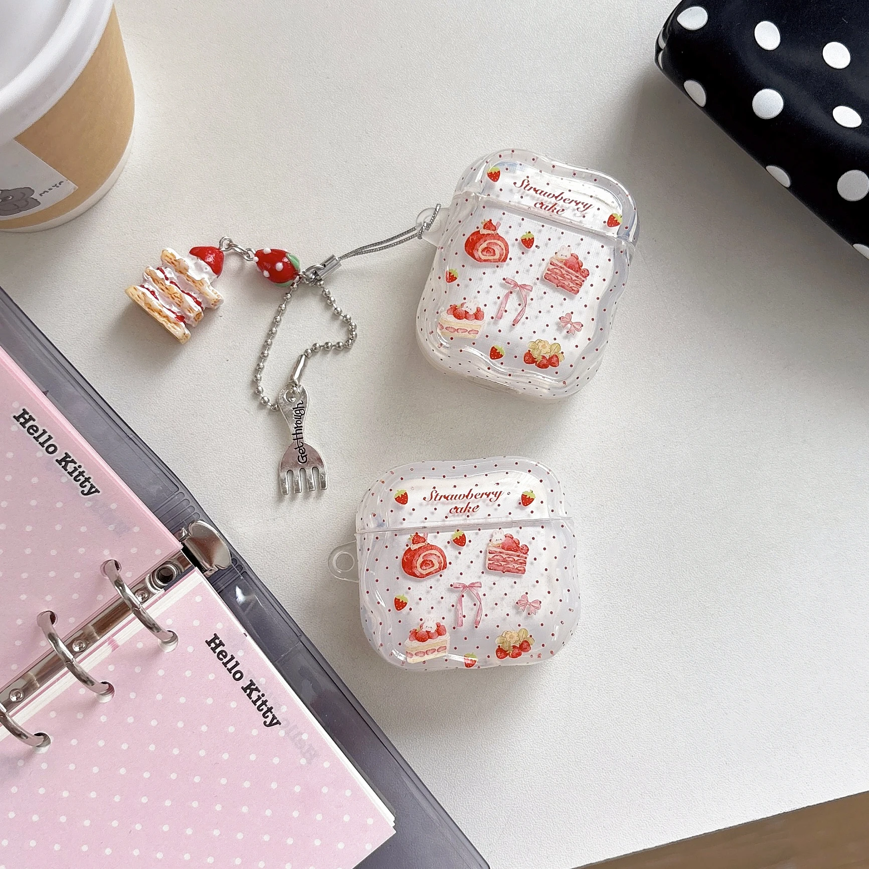 For Airpods1 2 3 4 Pro Pro2 Pro3 Lovely Transparent Polka-dotted Strawberry  Cake Clover With Pendant Earphone Case Cover