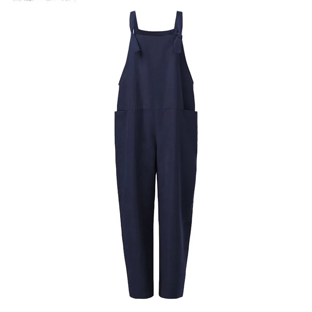 Solid Color Women Loose Knot Tie Cotton Linen Jumpsuit Sleeveless Harem Overalls Jumpsuits Body Vintage Pants Femme Clothes