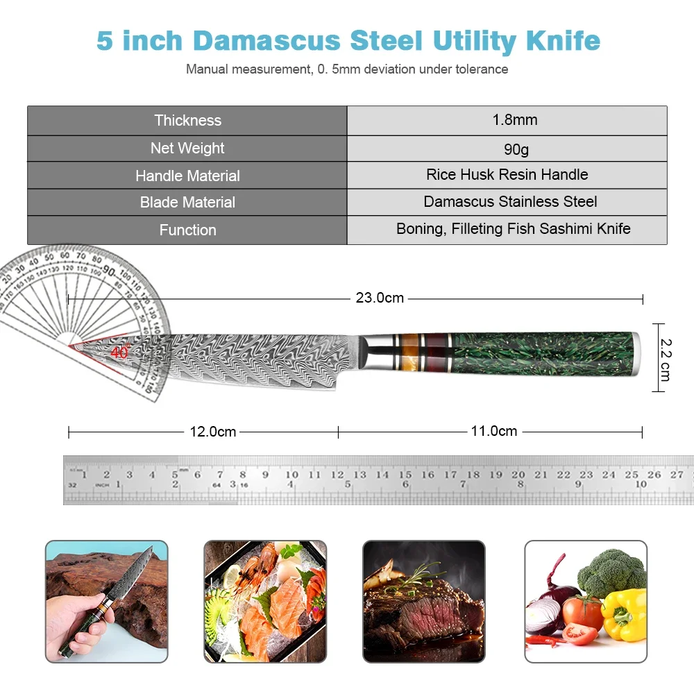 Japanese 5 Inch Utility Knife, Kitchen Paring Knife Small Chef Knife, Sharp Damascus Steel Fruit Knife, Rice Husk Resin Handle