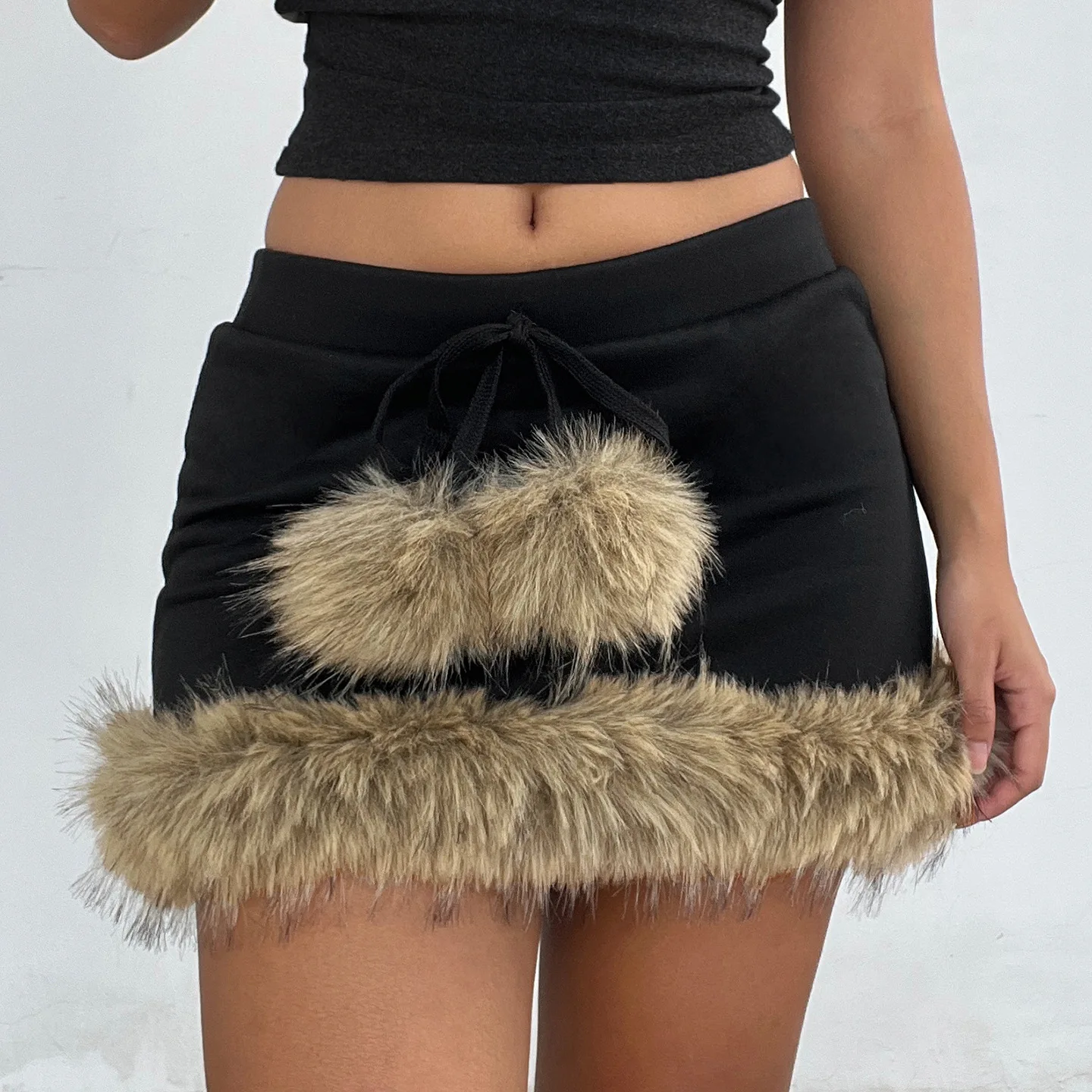 Winter Plush Splicing High-Waisted Short black  Skirt for Women A-Line Hairball Hip Design Form-Fitting Hot Girl's Dress  Y2K
