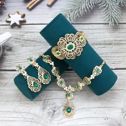 Sunspicems Morocco Bride Jewelry Sets Hollow Flower Women Earring Necklace Bracelet Water Drop Crystal Arabic Wedding Necklace