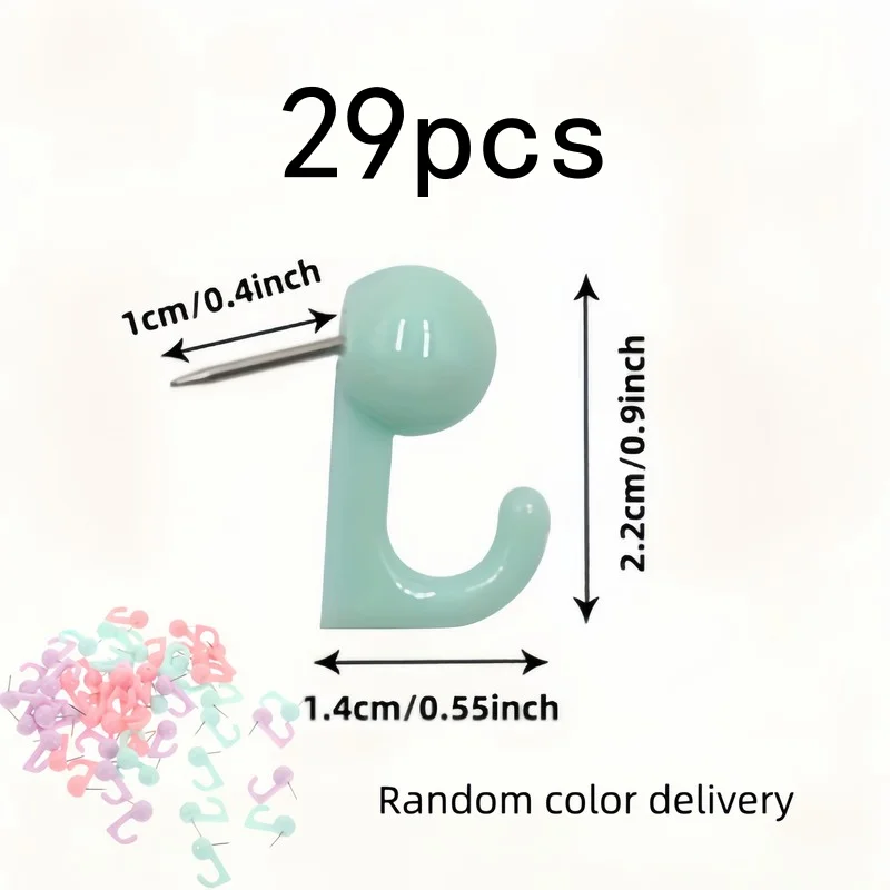 Random Color Push Pin Hooks 29 pcs, Sturdy, Easy to Install, for Corkboards and Photo Walls, Durable and Practical