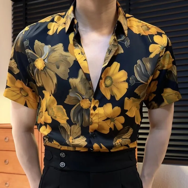 

High Quality Summer Floral Shirt for Men Casual Fashion Short Sleeve Slim Shirts Hawaiian Beach Shirt Social Streetwear Tops