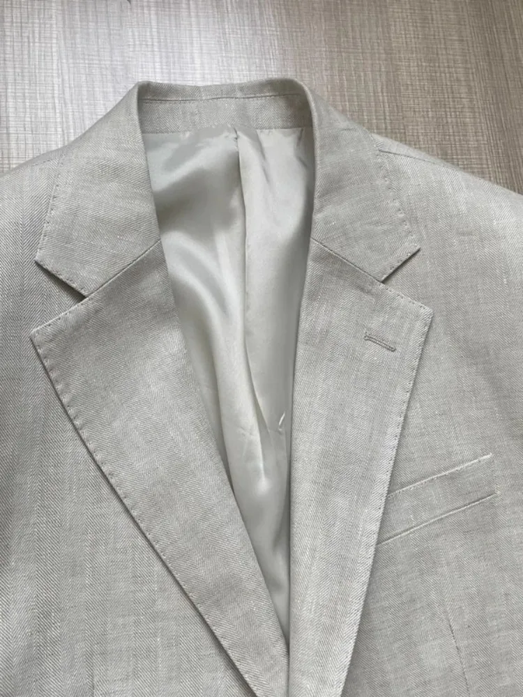 Picture 5: Men Thin Slim Fit Top Quality Beige White Linen Suits Matching Sets Spring Summer Comfortable Two Piece Set Casual Outfits 2025
