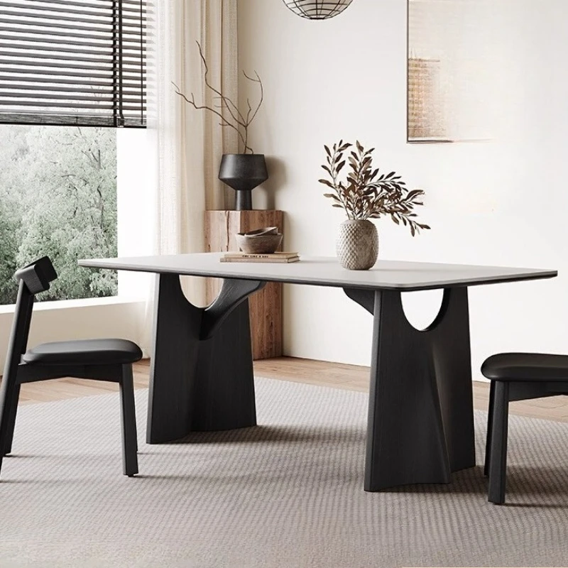 Black Solid Wood Dining Table Rectangular Minimalist Modern Designer Retro Matte Pure White Rock Slab Dining Table Furniture