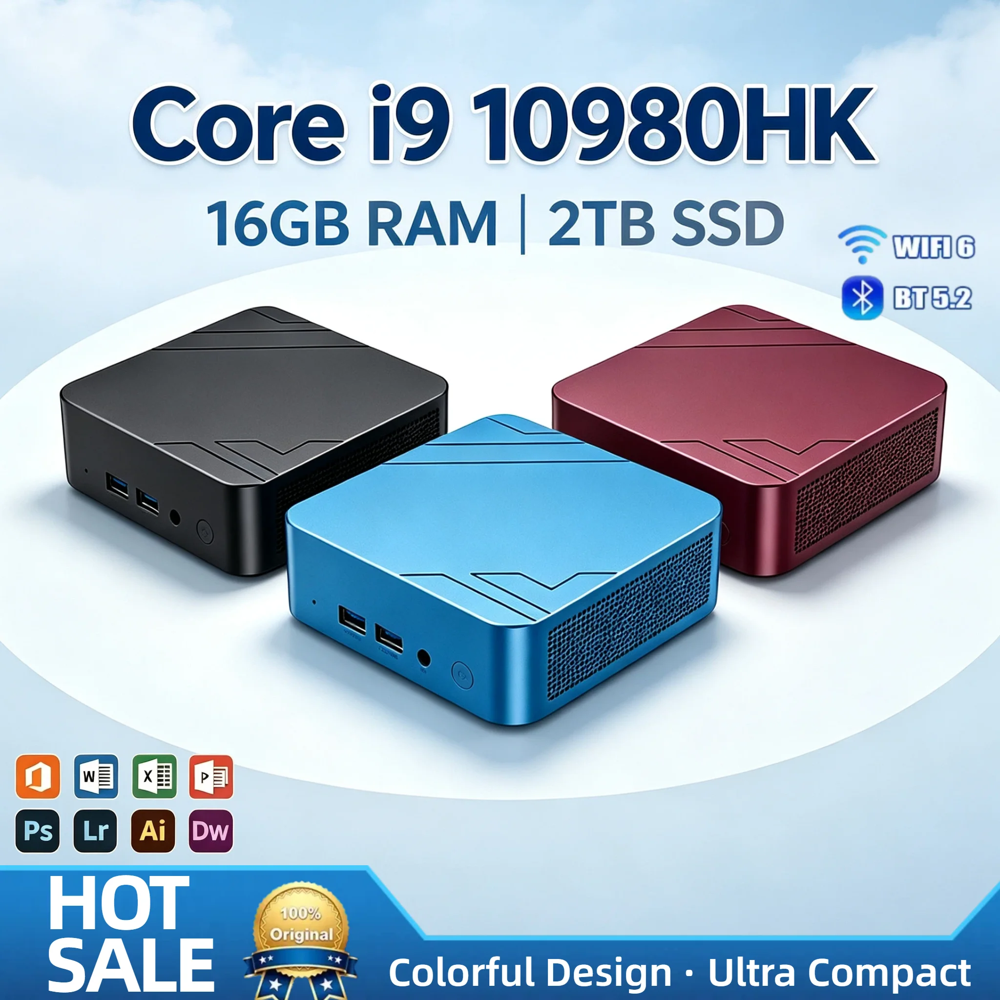 Intel Core i9-10980HK Mini Desktop 16GB DDR4 2TB NVMe SSD Triple 4K Output WiFi6 BT5.2 High Performance Office Home Pro