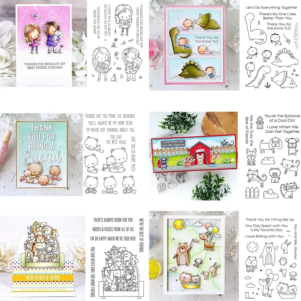 Sellos y troqueles de corte de animales lindos: Niña hermosa, mejor amiga de perros, y set de sellos de Baby Saurus para manualidades DIY, álbumes de recortes y creación de tarjetas