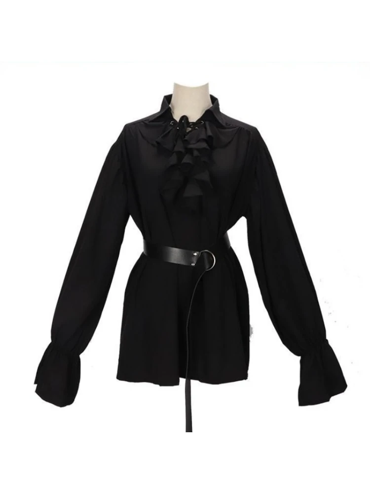 Y2k フレンチエレガントハイエンドスリムヴィンテージロリータゴシックフレアスリーブ女性タキシードシャツ 2000 年代秋ピュアカラーブラウスシック