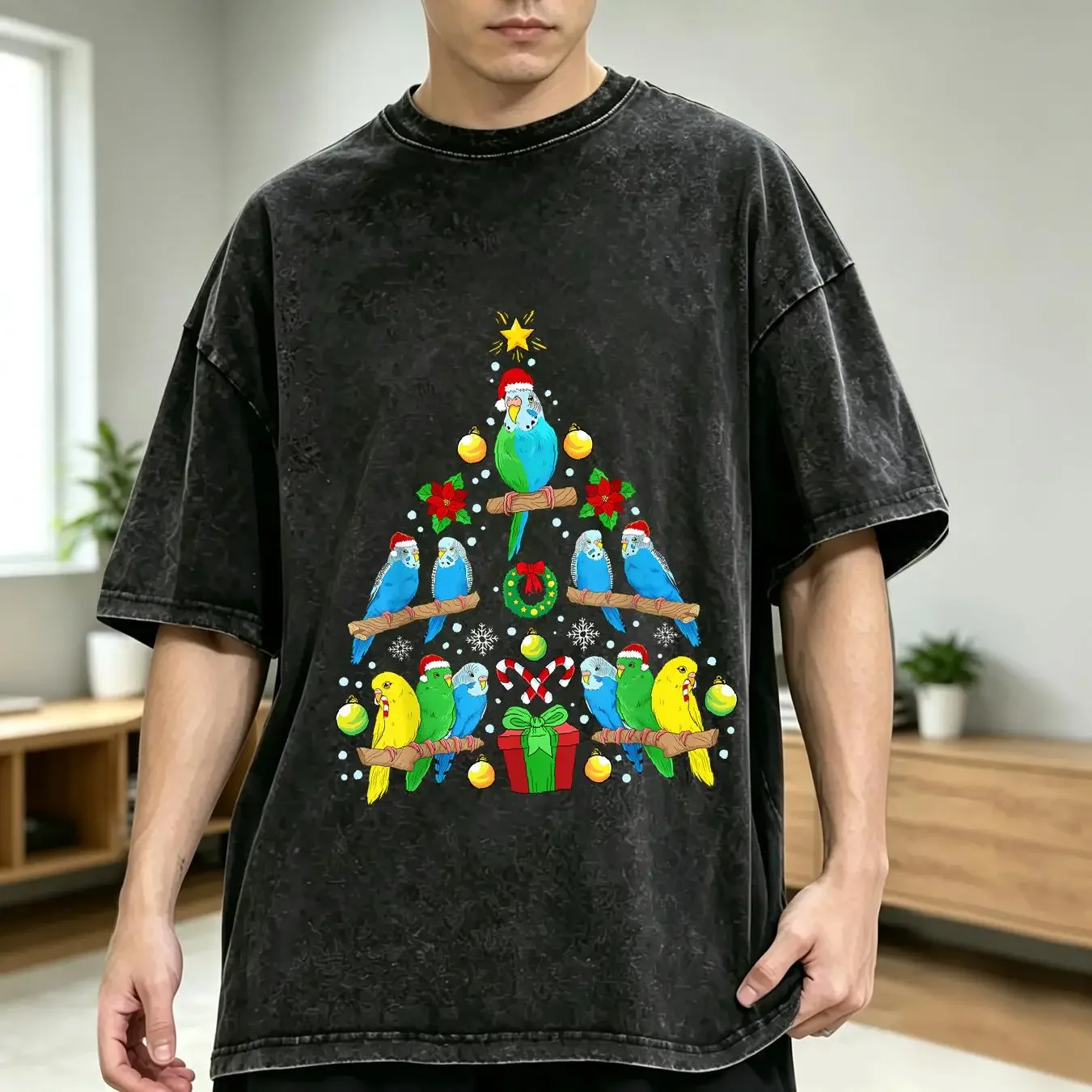 washed T Shirt NEW Budgie Christmas Tree Bird Present vintage Washed Stylish graphic fashion Slightly designer clothes Casual