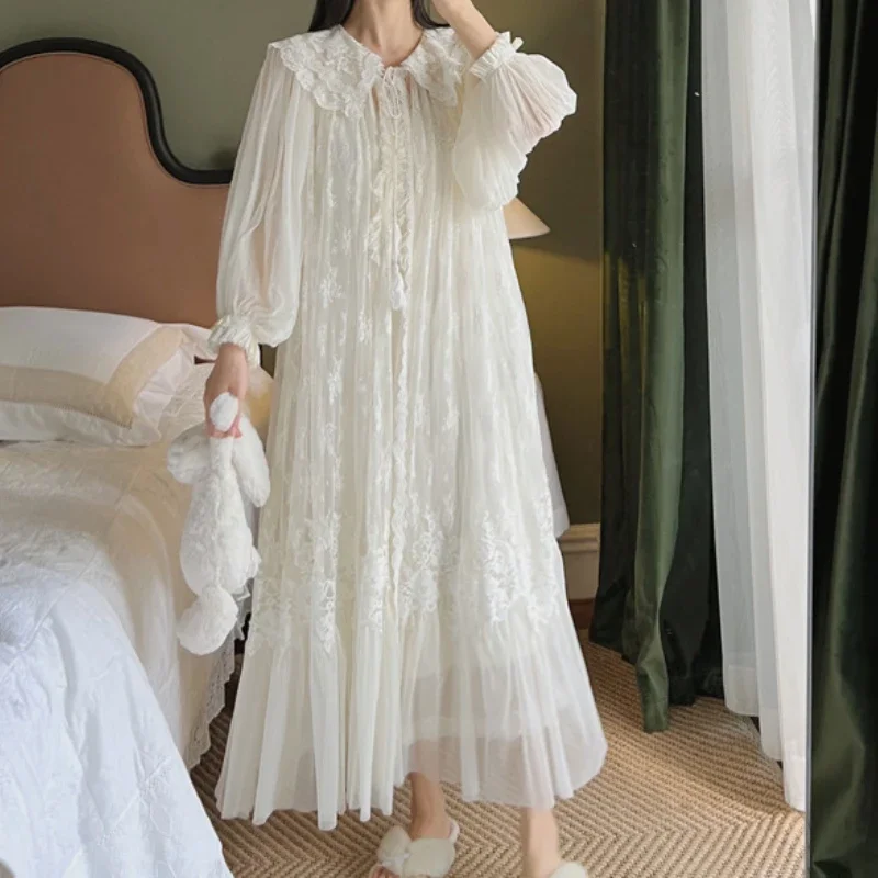 Fairy Women White Mesh Long Peignoir Dress Gown Vintage Victorian Nightgowns Princess Sleepwear Embroidery Lace Robe Night Dress