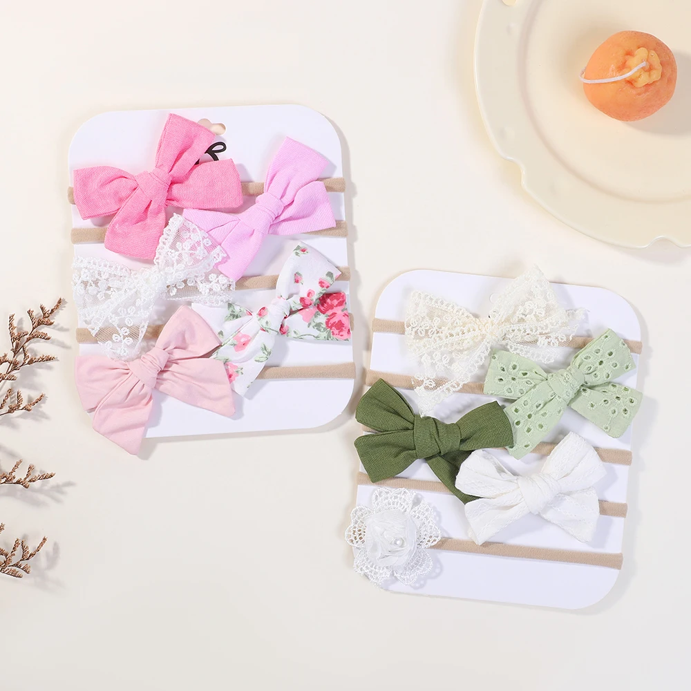 

5 шт., эластичная розовая повязка на голову с детскими бантиками для девочек, нейлоновый тюрбан, повязка на голову для новорожденных, детские аксессуары для волос