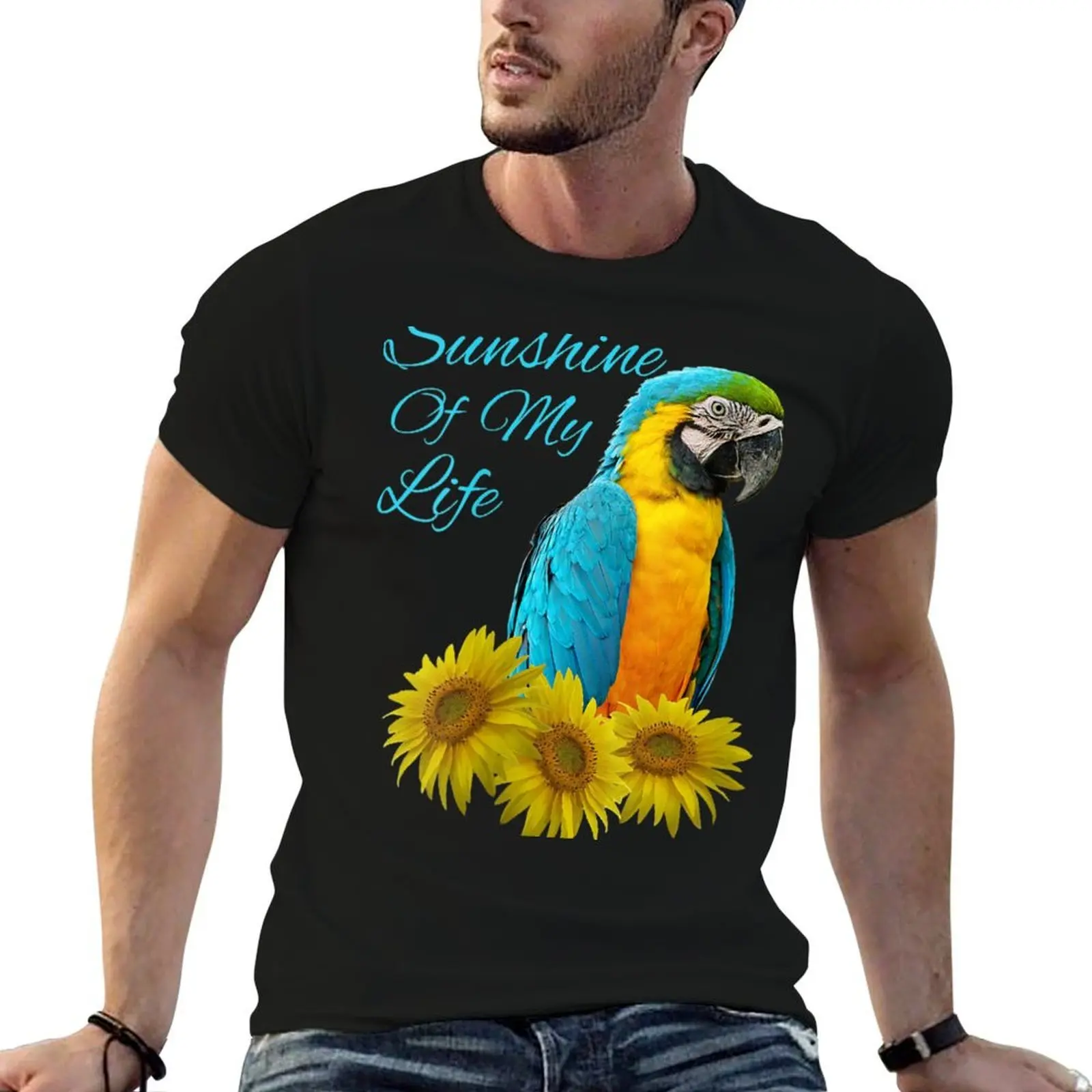 Женская синяя и золотая футболка с v-образным вырезом и попугаем ара, солнечный свет, подсолнух, забавные футболки, мужская футболка, летняя футболка
