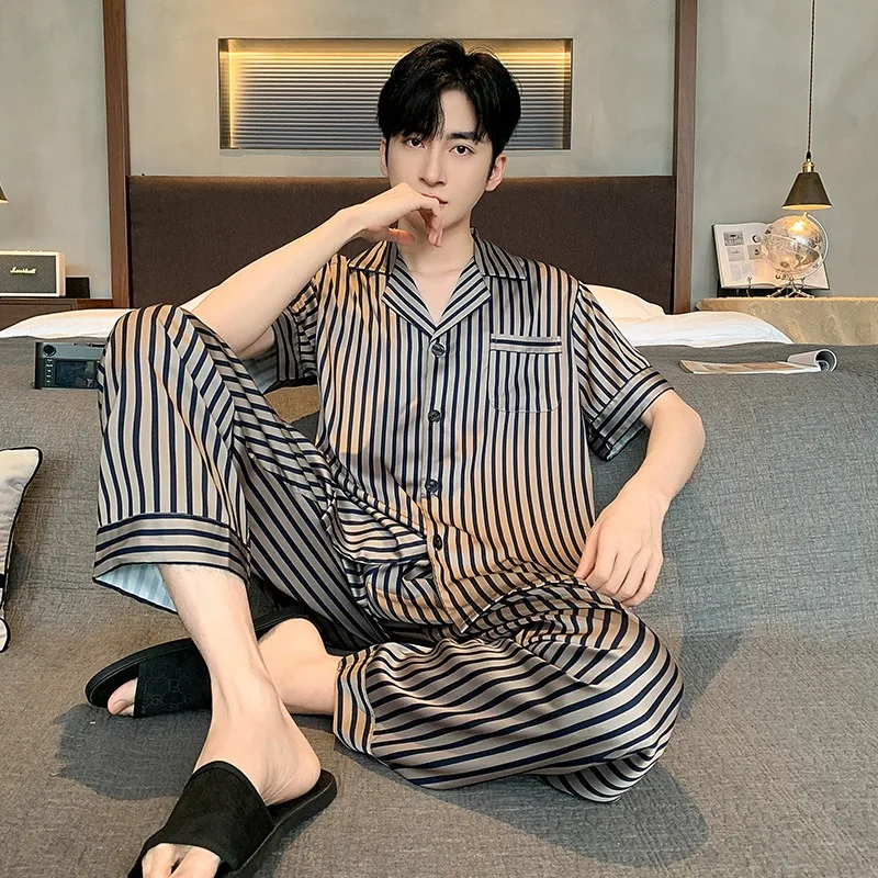 

Men Ice Silk Pajamas Lapels Thin Short Sleeves Long Pants Gray Stripes Premium Loungewear Easy to Wash Cardigan Tops Long Pants