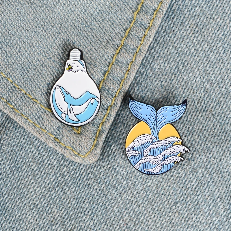 Fantasy Ocean Enamel Pin Mermaid tail Whale Bulb Brooches Bag Clothes Lapel Pin Sea Ocean Wave Badge Jewelry Gift for Friends