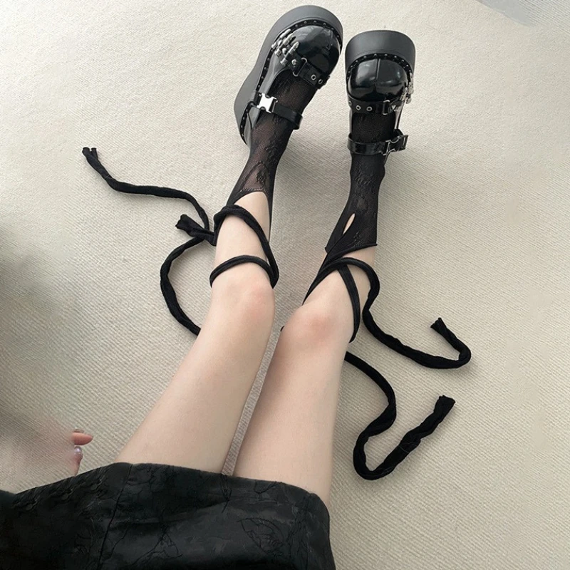 New Fishnets Tabi Socks Women Sexy Cross Tied Toe Sock Summer Thin Fishnet Stockings Japanese Style Y2K Hottie Knee High Socks image 2