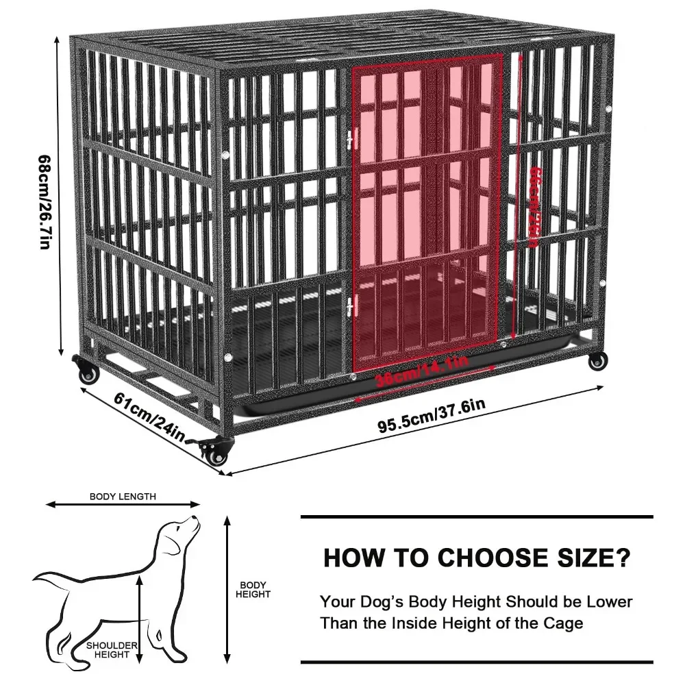 2024 New Dog Crate - for Dogs Indestructible Pet Cage Indoor/Outdoor Strong Metal Kennel with Lockable Wheels Double Doors