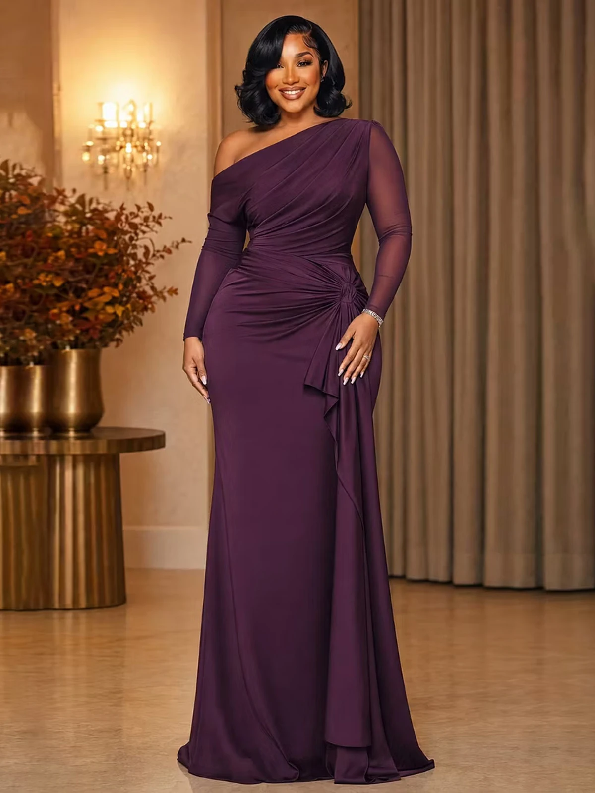 Plus Size Women One Shoulder Evening Dress Mesh Long Sleeve Mermaid Dress Ruched Waist Knot Formal Wedding Guest Party Chic Gown