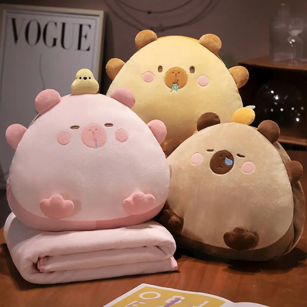 

3-in-1 Capybara Throw Pillow Stuffed Capybara Air Conditioning Blanket Soft Cushion with Blanket Portable Warm Office Backrest
