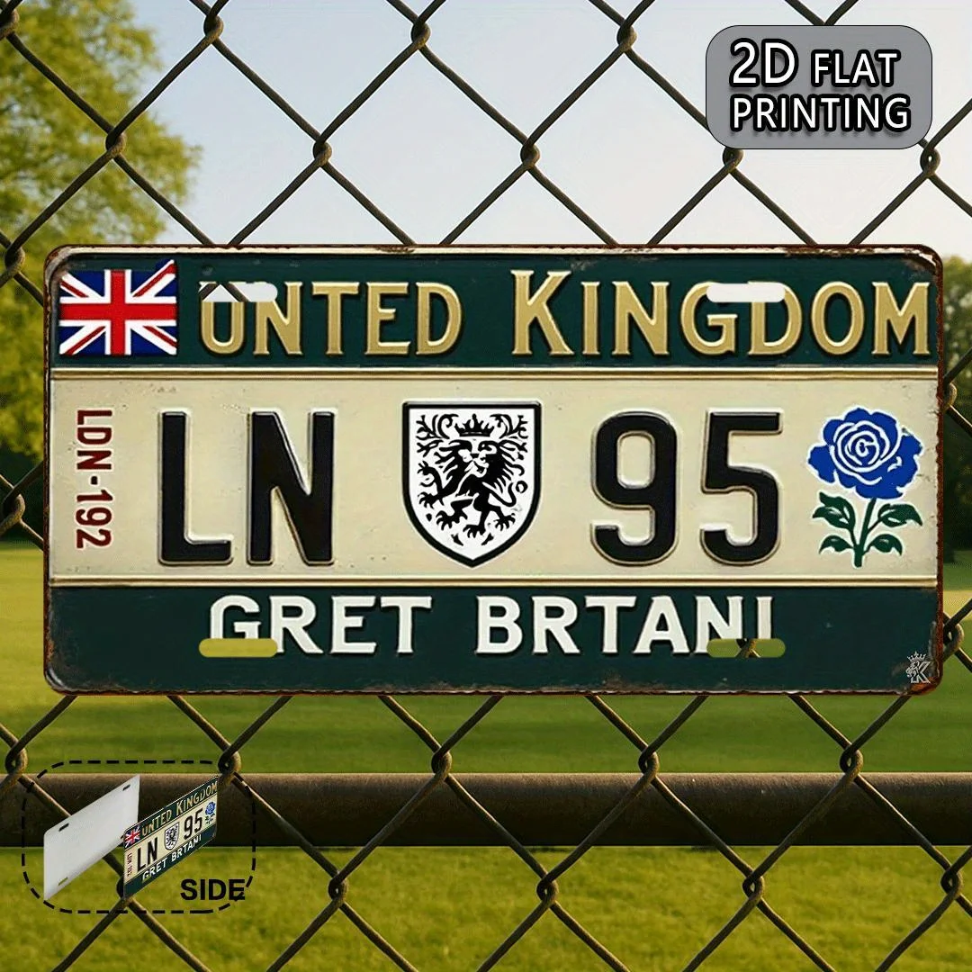 لافتة معدنية للوحة الترخيص البريطانية - ديكور حائط من الألومنيوم مع مقبس الاتحاد وتصميم الأزهار، ديكور ريفي للمنزل والمكتب، Perfec