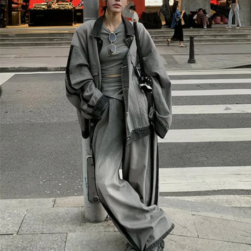 

2025 Spring and Autumn American Retro Design Denim Jacket Mop Pants Suit