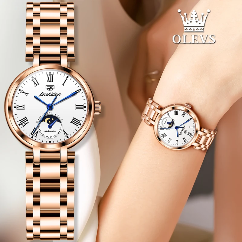 JSDUN Automatic Women's Watches Mechanical Business Luxury Elegant Highend Steel Strap Wristwatch Moonphase Gifts Box For Ladies