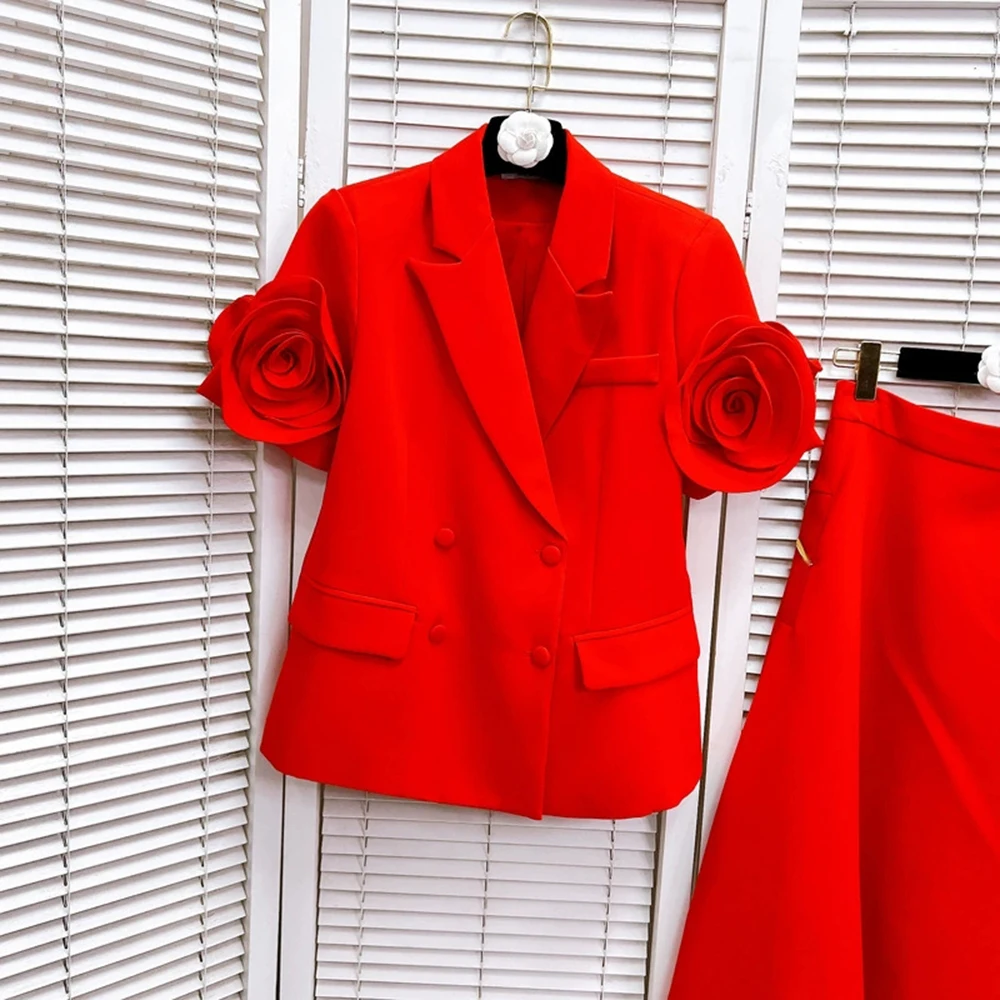 French high-end fashion three-dimensional flower splicing small suit solid color temperament skirt two-piece suit-GZXX255