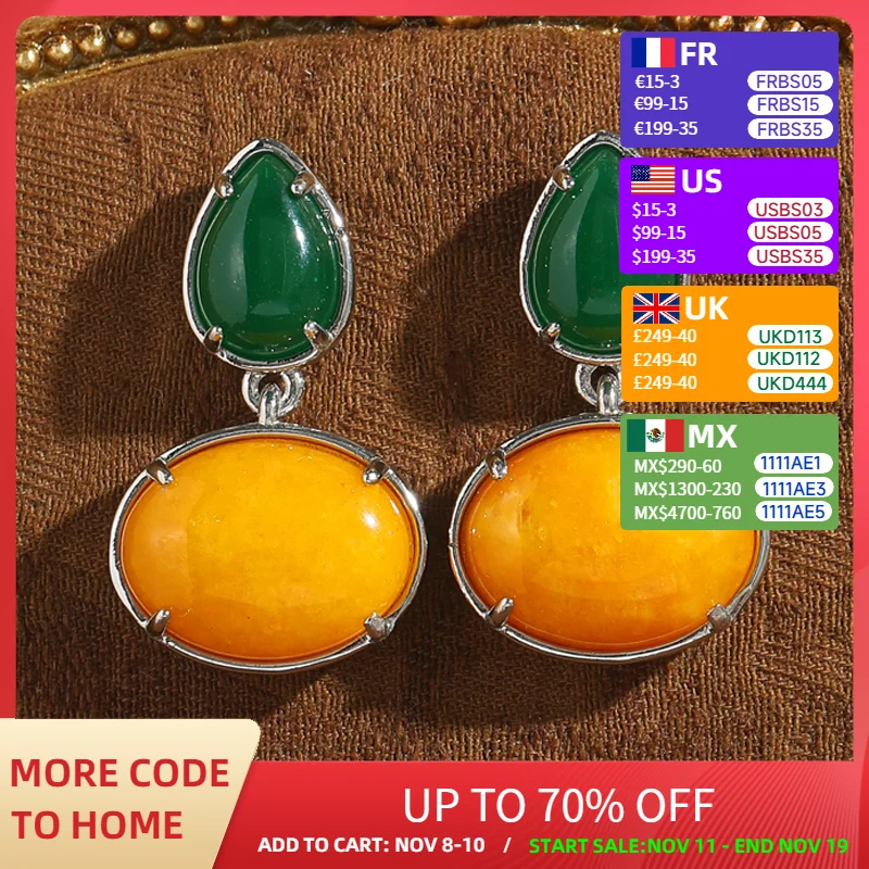 

Vintage Yellow Oval Natural Stone Drop Earrings Glass Green Water Droplet Agate Pendant High Quality Luxury Quality Jewelry 2025